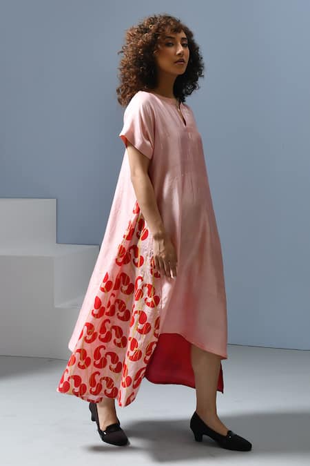 Inkpikle_Pink Silk Open Neck Paisley Printed Asymmetric Panel Dress _Online_at_Aza_Fashions