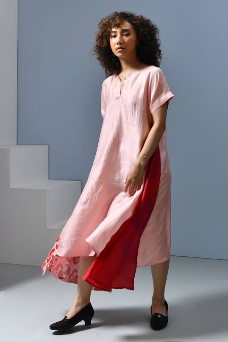 Buy_Inkpikle_Pink Silk Open Neck Paisley Printed Asymmetric Panel Dress _Online_at_Aza_Fashions