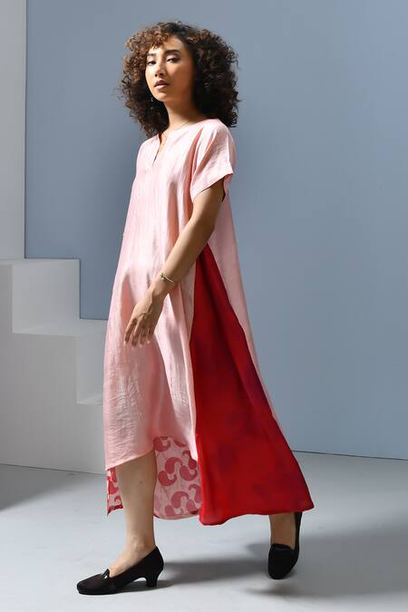 Shop_Inkpikle_Pink Silk Open Neck Paisley Printed Asymmetric Panel Dress _Online_at_Aza_Fashions