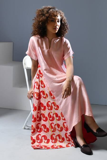 Inkpikle_Pink Silk Open Neck Paisley Printed Asymmetric Panel Dress _at_Aza_Fashions
