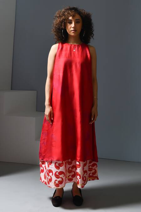 Inkpikle_Red Silk Embroidery Round Neck And Pink Tie Dye Paisley Print Dress _Online_at_Aza_Fashions