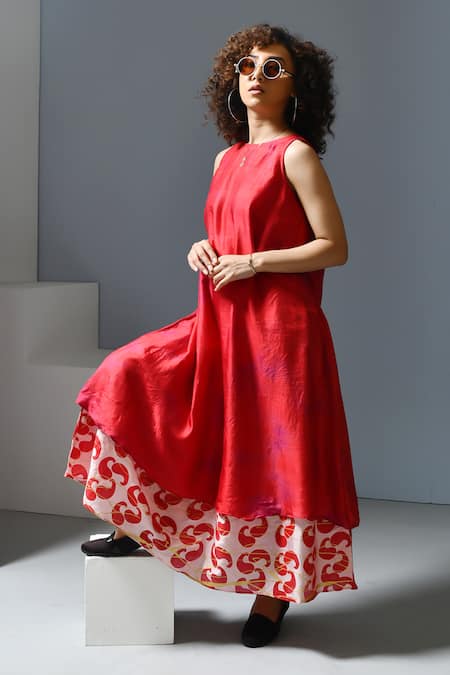 Shop_Inkpikle_Red Silk Embroidery Round Neck And Pink Tie Dye Paisley Print Dress _Online_at_Aza_Fashions