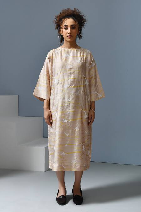 Inkpikle Beige Silk Metallic Thread Round Neck Mogra Print Boxy Midi Dress Online at Aza Fashions Inkpikle_Beige Silk Metallic Thread Round Neck Mogra Print Boxy Midi Dress _Online_at_Aza_Fashions