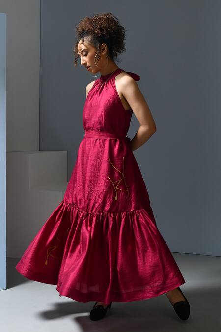 Buy_Inkpikle_Maroon Silk Halter Neck Abstract Print Tiered Dress _Online_at_Aza_Fashions