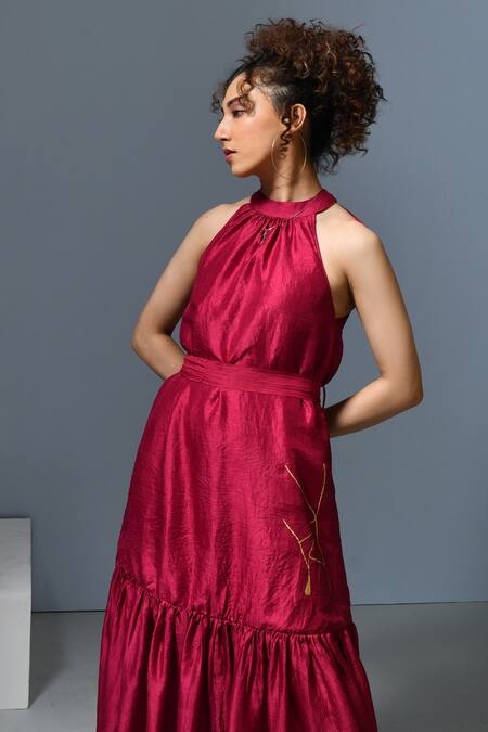 Shop_Inkpikle_Maroon Silk Halter Neck Abstract Print Tiered Dress _Online_at_Aza_Fashions