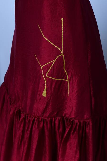 Inkpikle_Maroon Silk Halter Neck Abstract Print Tiered Dress _at_Aza_Fashions