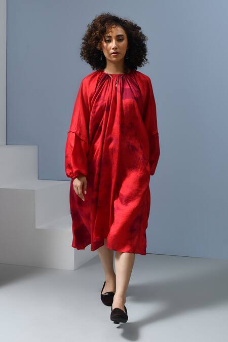 Buy_Inkpikle_Red Handloom Cotton Round Neck Splatter Tie-dye Midi Dress _Online_at_Aza_Fashions