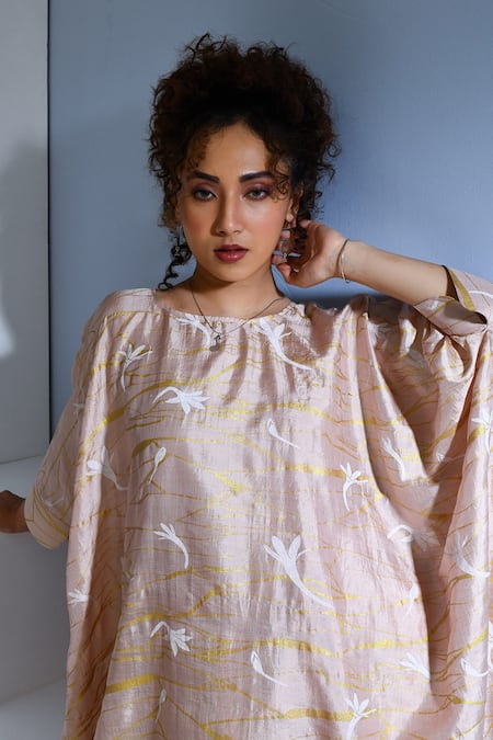 Shop_Inkpikle_Beige Silk, Handloom Cotton Round Neck Mogra Printed Kurta And Pant Set _Online_at_Aza_Fashions