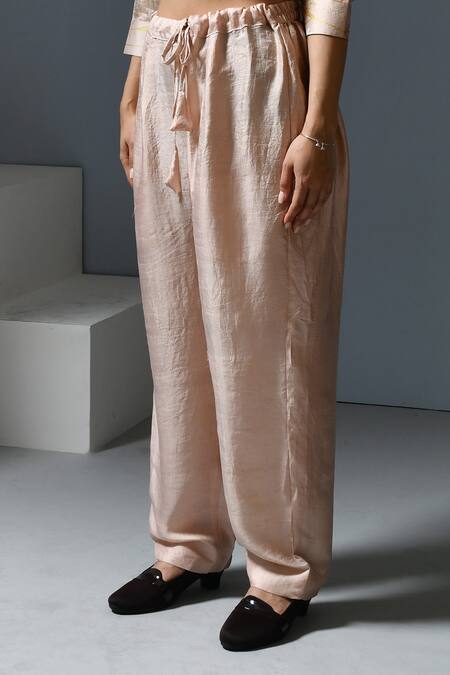 Inkpikle_Beige Silk, Handloom Cotton Round Neck Mogra Printed Kurta And Pant Set _at_Aza_Fashions