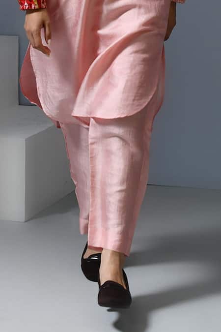 Shop_Inkpikle_Pink Silk, Handloom Cotton Split V-neck Paisley Print Panel Kurta Set _Online_at_Aza_Fashions