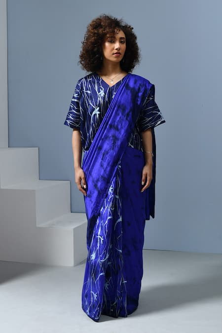 Inkpikle_Blue Silk Mogra Abstract Printed Tie Dye Saree _Online_at_Aza_Fashions