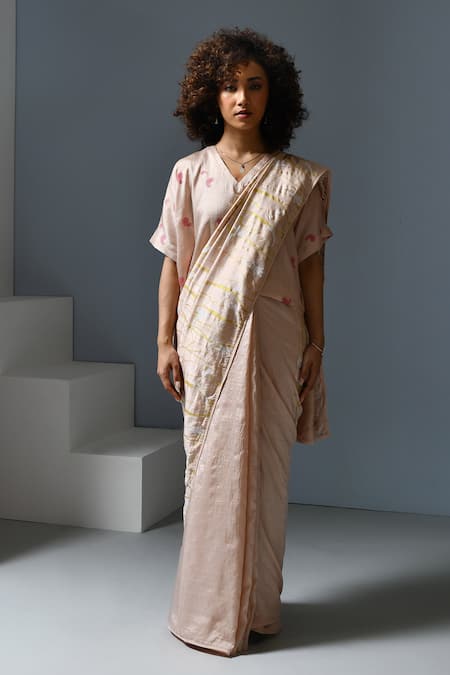 Inkpikle_Beige Silk Mogra Print Pallu Saree _Online_at_Aza_Fashions