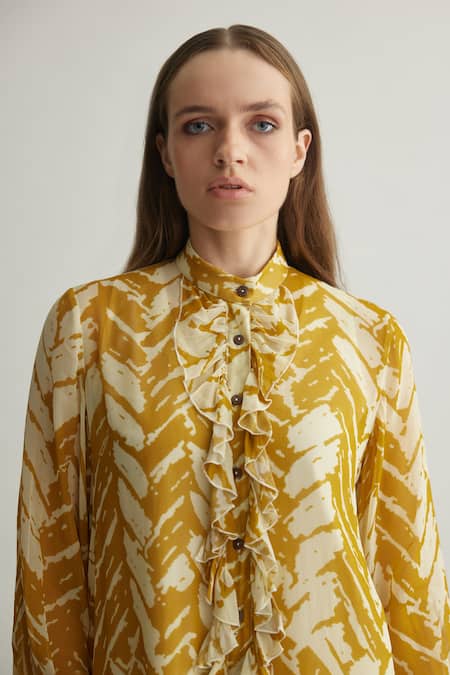 Koai_Beige Georgette Ruffles Mandarin Collar Chevron Print Frilled Shirt _Online_at_Aza_Fashions
