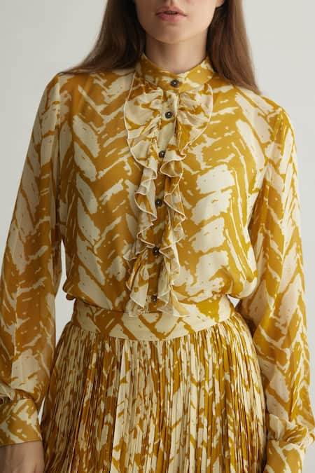 Buy_Koai_Beige Georgette Ruffles Mandarin Collar Chevron Print Frilled Shirt _Online_at_Aza_Fashions