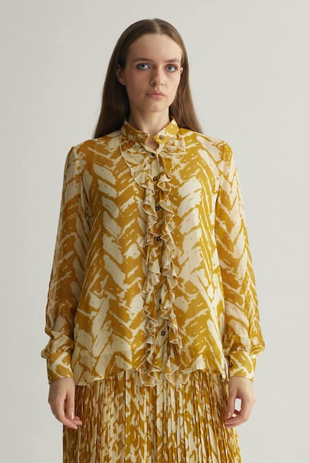 Shop_Koai_Beige Georgette Ruffles Mandarin Collar Chevron Print Frilled Shirt _Online_at_Aza_Fashions
