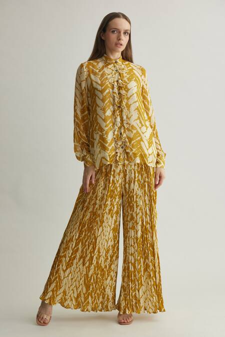 Koai_Mustard Georgette Beige Chevron Print Flared Pant _Online_at_Aza_Fashions