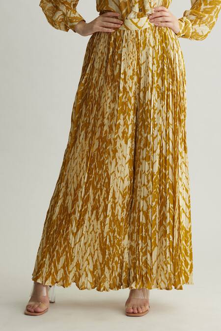 Shop_Koai_Mustard Georgette Beige Chevron Print Flared Pant _Online_at_Aza_Fashions