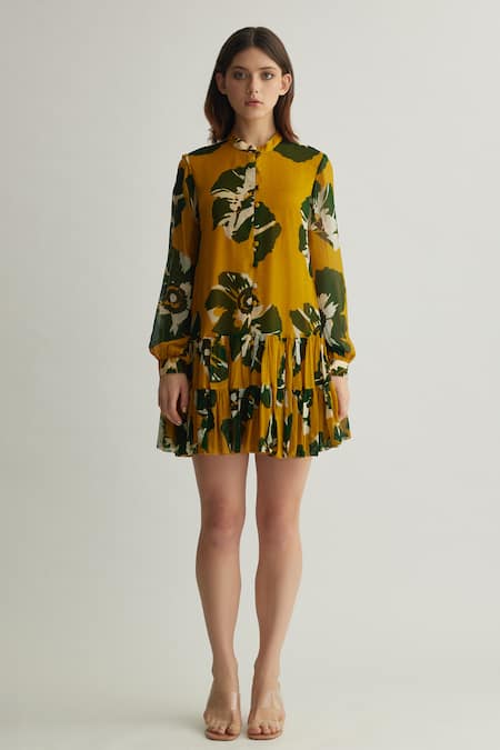 KoAi Yellow Georgette Print Floral Mandarin Collar Frill Dress 