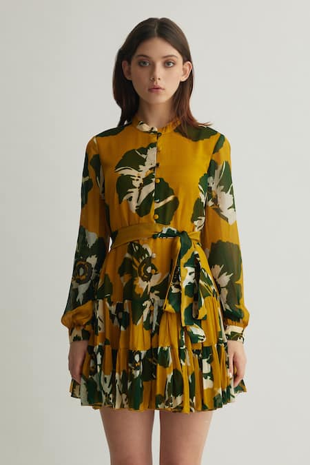 Koai Yellow Georgette Mandarin Collar Floral Print Frill Dress Online at Aza Fashions Koai_Yellow Georgette Mandarin Collar Floral Print Frill Dress _Online_at_Aza_Fashions