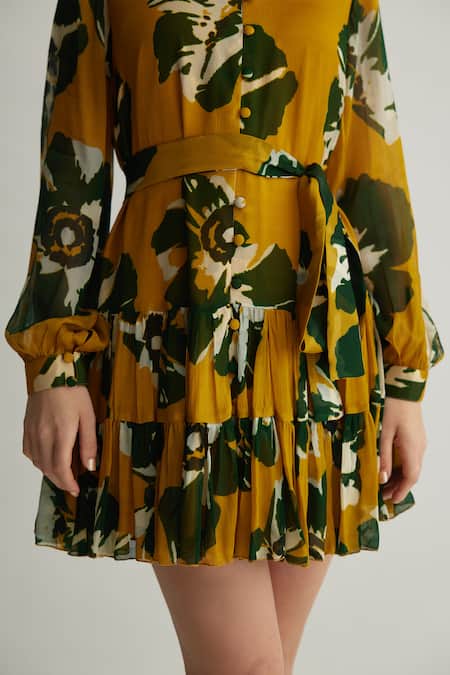 Buy Koai Yellow Georgette Mandarin Collar Floral Print Frill Dress Online at Aza Fashions Buy_Koai_Yellow Georgette Mandarin Collar Floral Print Frill Dress _Online_at_Aza_Fashions
