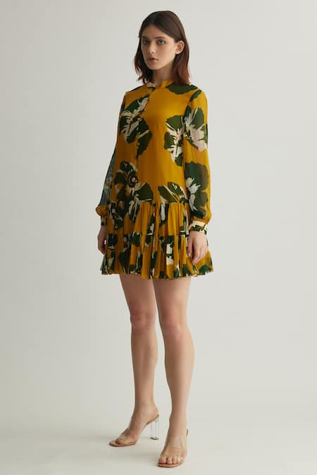 Shop Koai Yellow Georgette Mandarin Collar Floral Print Frill Dress Online at Aza Fashions Shop_Koai_Yellow Georgette Mandarin Collar Floral Print Frill Dress _Online_at_Aza_Fashions