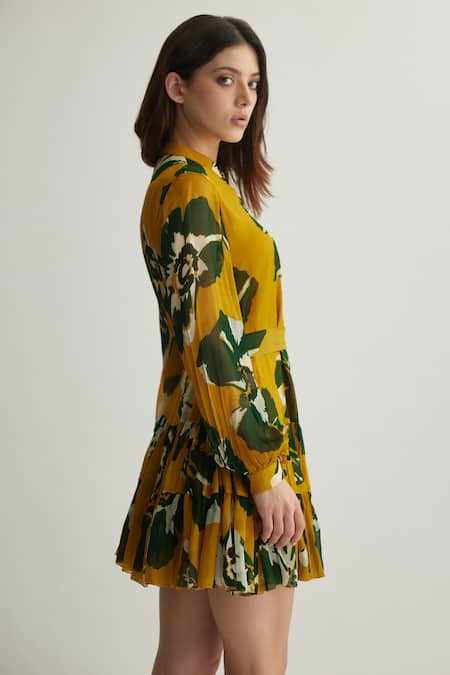 Koai Yellow Georgette Mandarin Collar Floral Print Frill Dress at Aza Fashions Koai_Yellow Georgette Mandarin Collar Floral Print Frill Dress _at_Aza_Fashions
