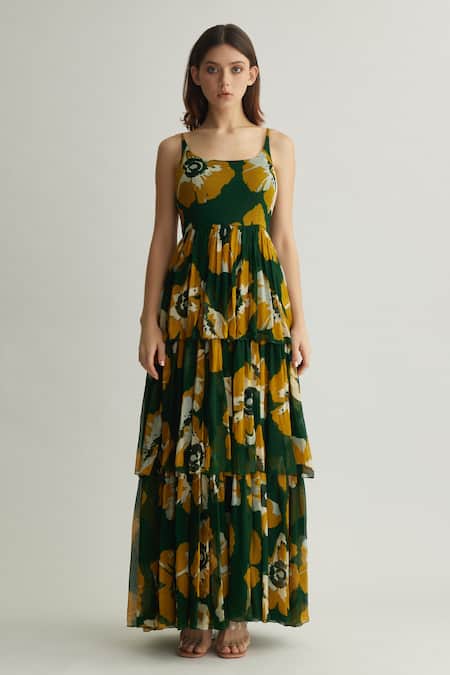 Buy_Koai_Yellow Chiffon Scoop Neck Floral Tiered Maxi Dress _Online_at_Aza_Fashions