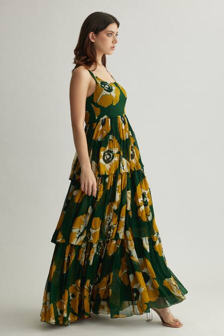 Koai_Yellow Chiffon Scoop Neck Floral Tiered Maxi Dress _at_Aza_Fashions