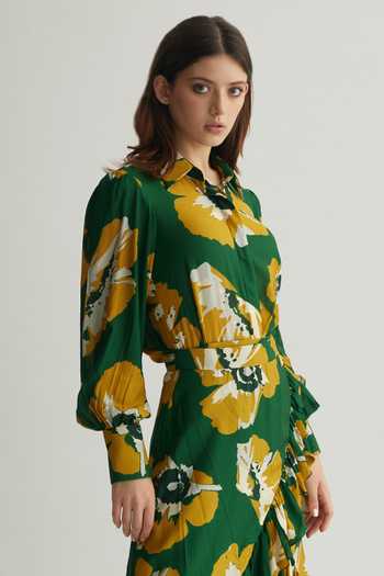 Koai Yellow Muslin, Cotton, Silk Collared Mustard Floral Print Shirt Online at Aza Fashions Koai_Yellow Muslin, Cotton, Silk Collared Mustard Floral Print Shirt _Online_at_Aza_Fashions