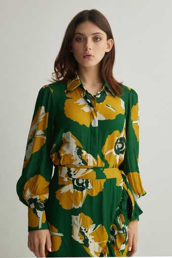 Shop Koai Yellow Muslin, Cotton, Silk Collared Mustard Floral Print Shirt Online at Aza Fashions Shop_Koai_Yellow Muslin, Cotton, Silk Collared Mustard Floral Print Shirt _Online_at_Aza_Fashions