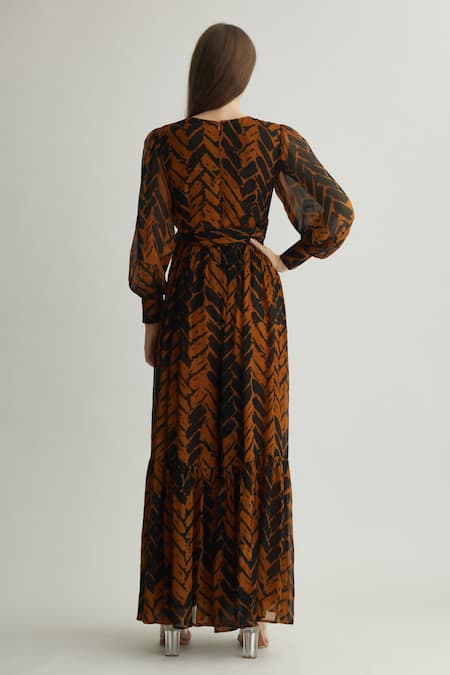 Shop_Koai_Black Chiffon Print Chevron V-neck Tiered Jumpsuit _at_Aza_Fashions