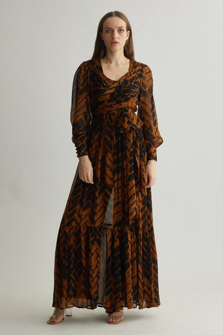 Koai_Black Chiffon Print Chevron V-neck Tiered Jumpsuit _Online_at_Aza_Fashions