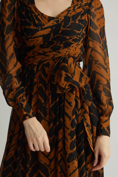 Buy_Koai_Black Chiffon Print Chevron V-neck Tiered Jumpsuit _Online_at_Aza_Fashions