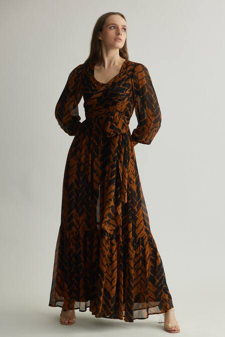 Shop_Koai_Black Chiffon Print Chevron V-neck Tiered Jumpsuit _Online_at_Aza_Fashions