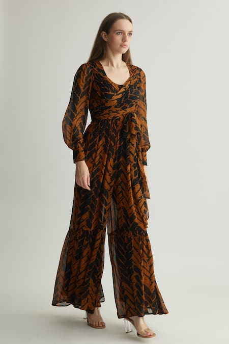 Koai_Black Chiffon Print Chevron V-neck Tiered Jumpsuit _at_Aza_Fashions