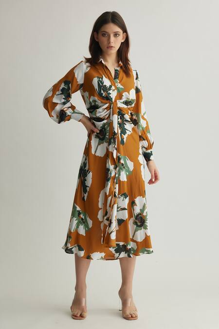 Koai_Orange Muslin, Cotton, Silk Collared Floral Print Tie-up Midi Dress _Online_at_Aza_Fashions