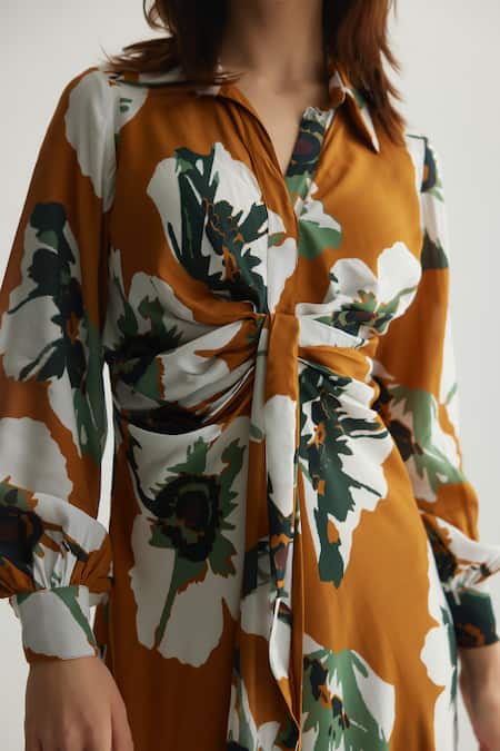 Buy_Koai_Orange Muslin, Cotton, Silk Collared Floral Print Tie-up Midi Dress _Online_at_Aza_Fashions