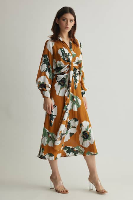 Shop_Koai_Orange Muslin, Cotton, Silk Collared Floral Print Tie-up Midi Dress _Online_at_Aza_Fashions