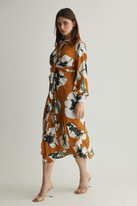 Koai_Orange Muslin, Cotton, Silk Collared Floral Print Tie-up Midi Dress _at_Aza_Fashions