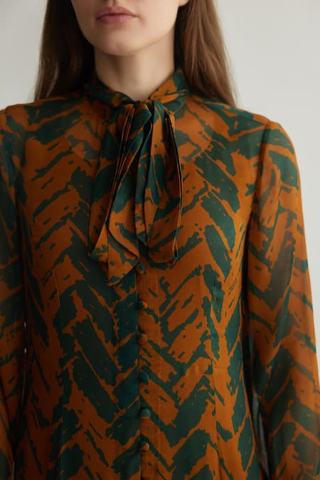 Koai_Orange Chiffon Open Neck Chevron Print Tiered Midi Dress _Online_at_Aza_Fashions