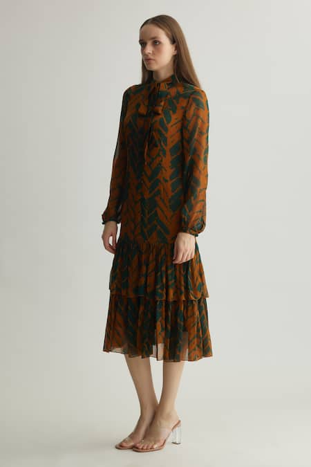 Buy_Koai_Orange Chiffon Open Neck Chevron Print Tiered Midi Dress _Online_at_Aza_Fashions