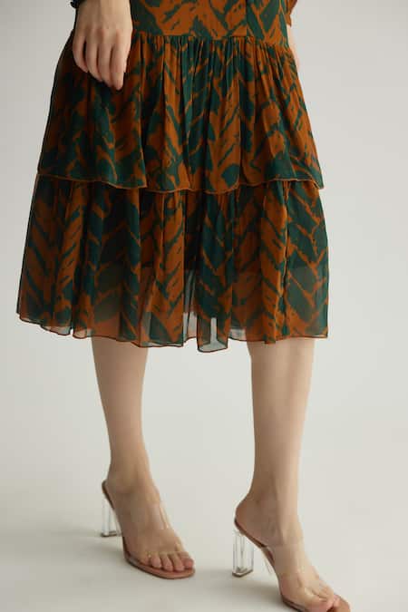 Shop_Koai_Orange Chiffon Open Neck Chevron Print Tiered Midi Dress _Online_at_Aza_Fashions