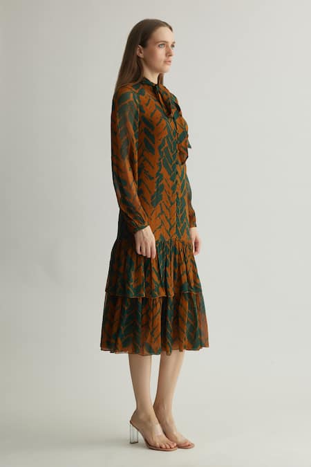 Koai_Orange Chiffon Open Neck Chevron Print Tiered Midi Dress _at_Aza_Fashions