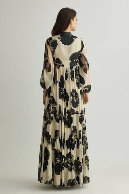 Shop_Koai_White Chiffon Mandarin Collar Floral Print Tiered Maxi Dress _at_Aza_Fashions
