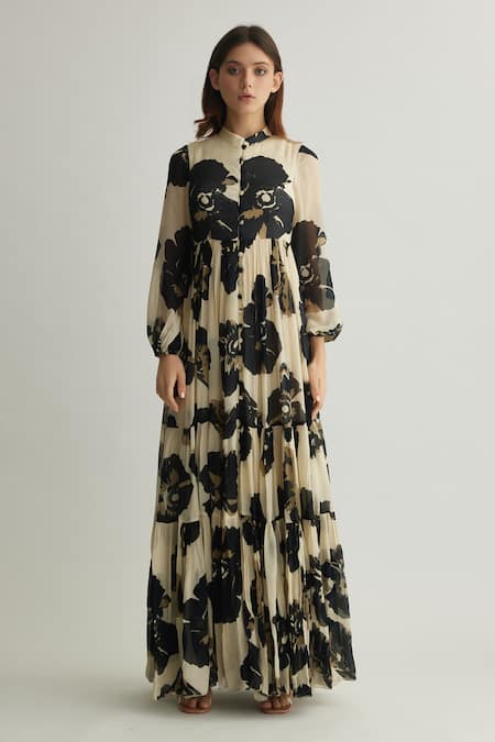 Koai_White Chiffon Mandarin Collar Floral Print Tiered Maxi Dress _Online_at_Aza_Fashions