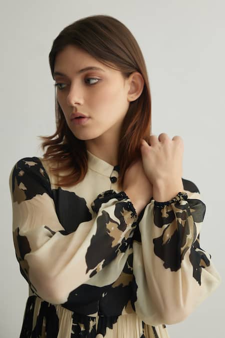 Buy_Koai_White Chiffon Mandarin Collar Floral Print Tiered Maxi Dress _Online_at_Aza_Fashions