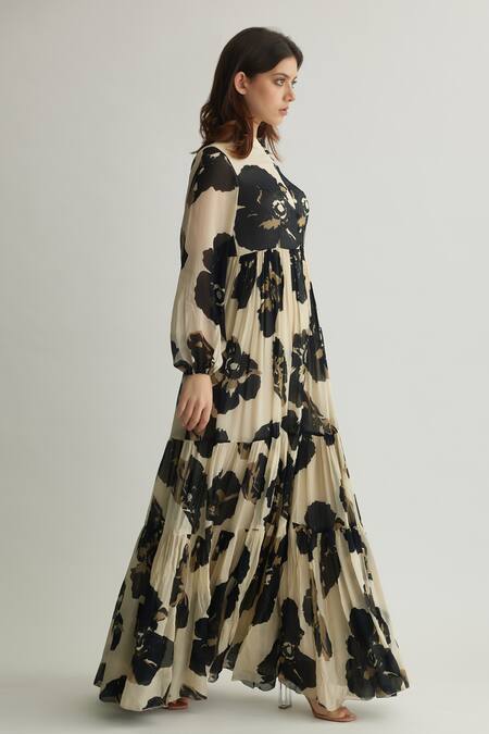 Shop_Koai_White Chiffon Mandarin Collar Floral Print Tiered Maxi Dress _Online_at_Aza_Fashions