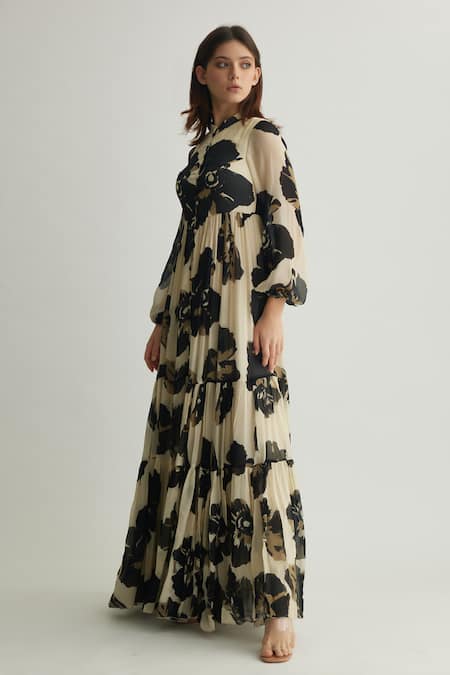 Koai_White Chiffon Mandarin Collar Floral Print Tiered Maxi Dress _at_Aza_Fashions