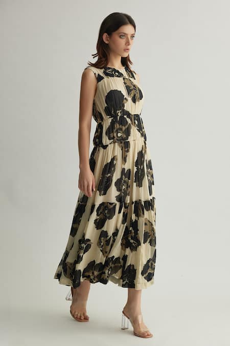 Koai_White Chiffon Round Neck Floral Tiered Midi Dress _Online_at_Aza_Fashions