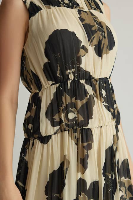 Buy_Koai_White Chiffon Round Neck Floral Tiered Midi Dress _Online_at_Aza_Fashions